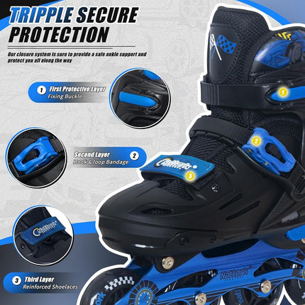 Nattork Kids Inline Skates Adjustable Light up Wheels Blades Roller for Boys Girls- TeenYouth Age 8-12 - Cool Racing Car Decorations Indoor Outdoor Blue
