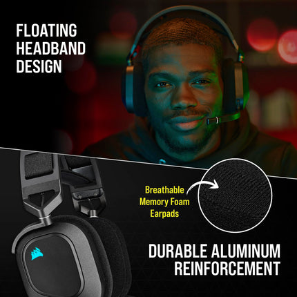 Auriculares para juegos multiplataforma inalámbricos Corsair HS80 RGB - Dolby Atmos - Diseño ligero y cómodo - Micrófono con calidad de transmisión - Compatible con iCUE - PC, Mac, PS5, PS4 - Negro