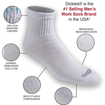 Dickies Men's Dri-Tech Quarter Grey Sole Shoe 6-12 Sock 10-13, White (6 Pairs), Large (Pack of 6)