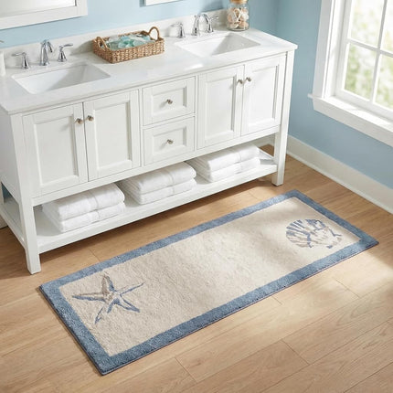 Madison Park Bayside 100% Cotton Tufted Non-Slip Absorbent Ultra Soft Seashells Beach Style Bath Mat Bathroom Rugs, 24X60 Inches Blue