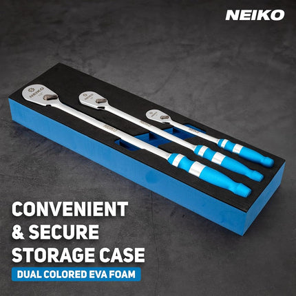NEIKO 03006A Flat Head Ratchet Set - 3 Piece Low Profile 1/4, 3/8, 1/2 Inch Drive, 90 Teeth, Anodized Textured Grip Handle, Long Handle, Sealed Head, Cr-Mo