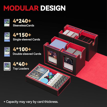 Card Deck Box for MTG with Commander Display, 5 in 1 Card Storage Box Fits 400+ Double-sleeved Cards, Removable Deck Case for TCG/Sports Cards with Dice Tray, 4 Magnetic Card Holders (Black Red)