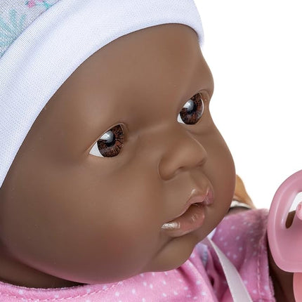 JC TOYS La Baby African American Doll, 40 cm, Soft and Washable Body, Magic Bottle and Dummy, Pink, Flowery, Designed in Spain, from 12 Months