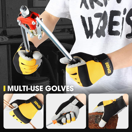 DNA MOTORING 4 pares de guantes utilitarios multiusos para mecánicos, guantes de trabajo flexibles y transpirables con pantalla táctil, nudillos y palma acolchados, amarillo/gris, TOOLS-00584