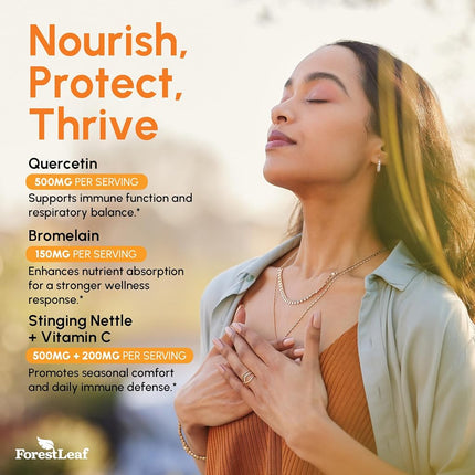 Quercetin 500mg with Bromelain, Vitamin C and Stinging Nettle – Advanced Sinus and Allergy Supplement – Natural Vegetable Capsules – Non GMO, Dairy, Gluten, Egg and Nut Free - by ForestLeaf (180)