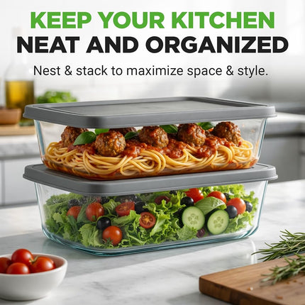 NutriChef 2 Sets Loaf Pan - 62.07oz Stackable Superior Premium Glass Meal-prep Food Container w/Airtight Locking Lid, BPA-Free Leakproof, Freezer-to-Oven-Safe, for Bread, Cake & Pastries