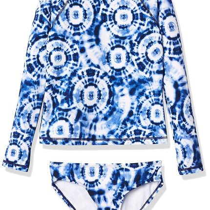 Kanu Surf Girls' Long Sleeve Rashguard UPF 50 Two Piece Swim Set, Groovy Denim Blue, 12