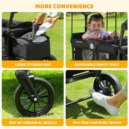 ELEMARA Stroller Wagon for 2 Kids, Foldable Wagon Stroller, Premium All Terrain Wagon for Kids, Kids Wagon Cart w/Removable Canopy, Adjustable Push/Pull Handle, Harnesses, Large Storage Bag, Black