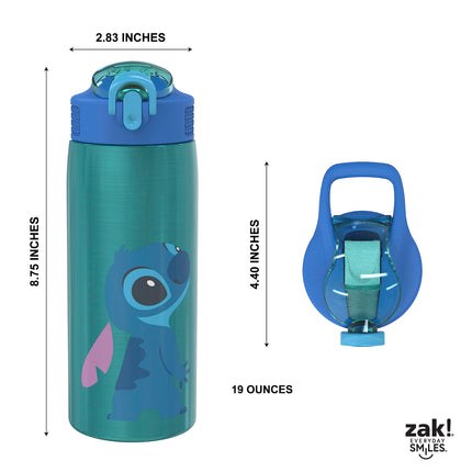 Botella de agua Zak Designs Disney Lilo y Stitch para viajes y el hogar, acero inoxidable con aislamiento al vacío de 19 oz con tapa de boquilla de cierre, asa de transporte incorporada, diseño a prueba de fugas (Stitch)