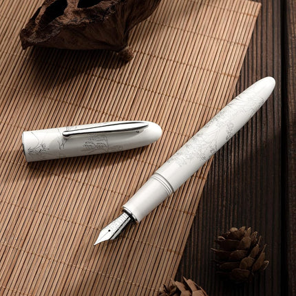 HONG DIAN Hongdian N23 White Rabbit Fountain Pen, Iridium Extra Fine Nib Silver Trim, New Year Lucky Carving Design, Smooth Writing Pen with Converter and Metal Box Set