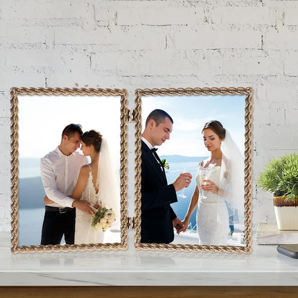 5x7 Hinged Double Cast Metal Picture Frames, Gold Rope Design