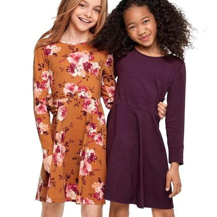 Lot de 2 robes patineuses tendance à manches longues pour filles The Children's Place, motif feuillage de glands/noisettes, lot de 2, petite taille