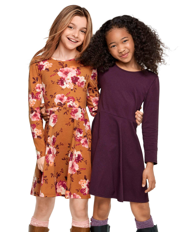 The Children's Place Vestido Skater de Manga Larga de Moda para Niñas, Paquete de 2, Diseño de Hojas de Roble/Avellana, Talla Extra Pequeña