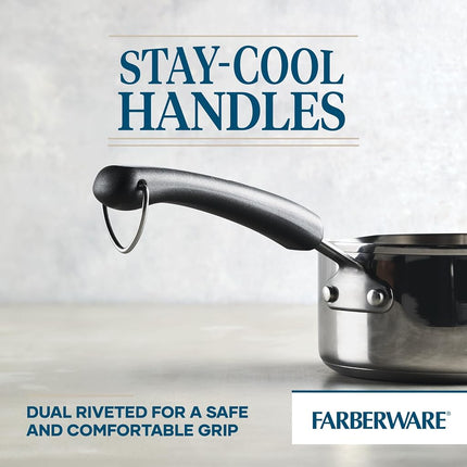 Farberware Brilliance Casserole en acier inoxydable avec becs verseurs latéraux pour verser facilement, compatible lave-vaisselle et induction, 0,9 litre, acier inoxydable