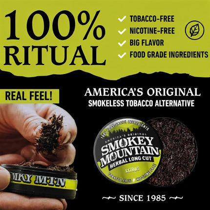 Smokey Mountain Herbal Snuff - Citrus - 5 Cans - Nicotine-Free And Tobacco-Free - Herbal Snuff - Great Tasting & Refreshing Chewing Tobacco Alternative