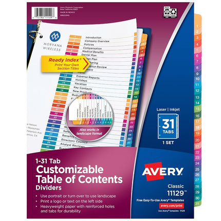 Avery Ready Index Table of Contents Dividers, 31-Tab Set, Case Pack of 12 (11129)