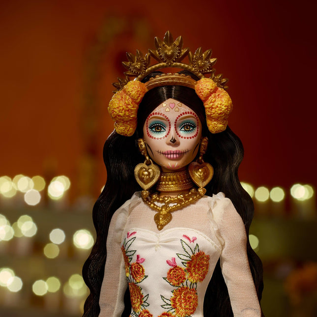 Barbie Signature Doll, Día De Muertos 2025 Collectible in Ruffled Cream Gown Trimmed with Marigolds and Ribbon, Flower Crown and Calavera Face Paint, JBJ05