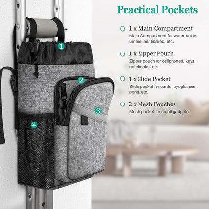 FINPAC Crutch Accessories Bag, Water-Resistant Storage Organizer Tote Bag with Drink Holder and Zipper Pouch for Crutches, Underarm Crutches Attachment - Gray