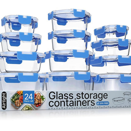 Boîtes de conservation en verre borosilicate bleu avec couvercles, 24 pièces, qualité alimentaire, sans BPA, empilables, passent au micro-ondes, au congélateur et au lave-vaisselle, hermétiques et étanches