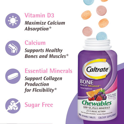 Caltrate 600+D3 Plus Minerals Calcium & Vitamin D3 Supplement (Cherry, Orange, & Fruit Punch Flavor, 155-Count Chewables)
