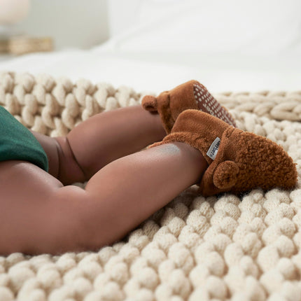 Gerber Baby Fleece Lined Non Skid Soft Slipper Booties, Brown Ears, 3 6_Months Unisex Infant