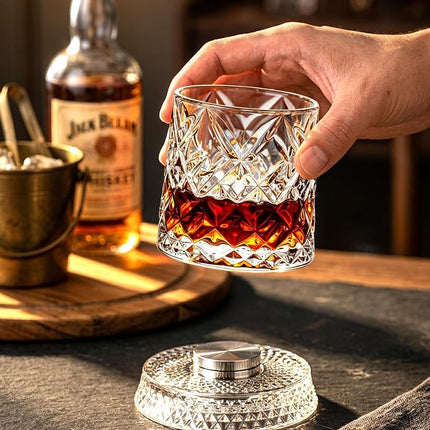 CEEFU Old Fashioned Whiskey Glasses with 360° Rotating Base, Set of 2 (2 Crystal Glasses Set, 2 Big Ice Ball Molds) In Gift Box - Bourbon, Cocktail, Rocks, Bday Gifts Ideas for Men, Ice Crackle