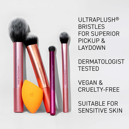 Real Techniques Everyday Essentials + Makeup Sponge Kit for foundation, blush, bronzer, eyeshadow, powder, synthetic, cruelty-free tools and blender for flawless looks, 5 Piece Set