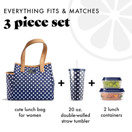 Fit & Fresh Lunch Bag for Women, Insulated Womens Lunch Bag for Work, Leakproof & Stain-Resistant Large Lunch Box for Women with Containers and Matching Tumbler, Zipper, Westerly Lunch Bag, Navy Dot