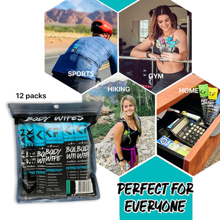 The Klean Freak Body Wipes - 12 count Individually Wrapped | Showerless Body Wipe for Women & Men | Sustainable Bodywipes for Gym, Travel, Camping | Peppermint
