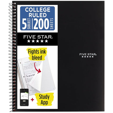 Five Star Spiral Notebook + Study App, 5 Subject, College Ruled Paper, Fights Ink Bleed, Water Resistant Cover, 8-1/2" x 11", 200 Sheets, Black (72081)