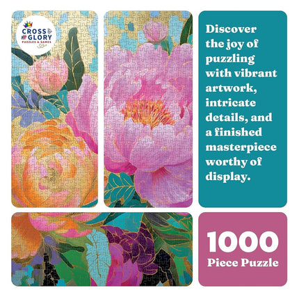 Golden Peony Dreams - Beautiful 1000-Piece Jigsaw Puzzle for Adults | Vibrant Mosaic-Inspired Artwork with Gold Leaf Details | Premium Quality & Eco-Friendly | Cross & Glory Masterpiece Collection