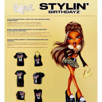 Bratz Stylin’ Birthdayz Sasha Fashion Doll with Customizable T-Shirt for You and Accessories