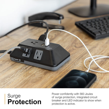 GE UltraPro Protector de sobretensión de 5 tomacorrientes con puertos USB, 2 puertos USB-A, 2.4A, Cable trenzado de 0.9 m, Protector de sobretensión, 560 Julios, Negro, 73777