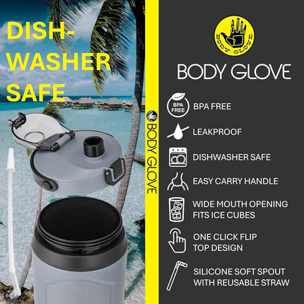 Body Glove Botella de agua de 74oz con pajita, botella a prueba de fugas sin BPA para hidratación durante todo el día para gimnasio, deportes, actividades al aire libre (GRIS/74oz)
