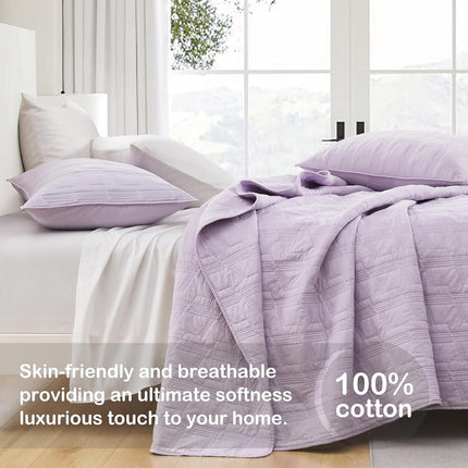 HORIMOTE HOME 100% Cotton Quilt Set Queen Size, Lavender Pre-Washed 3-Piece Bedspread Coverlet Set, Cozy Lightweight Stitching Bedding Cover with 2 Shams in Geometric Pattern for All Season