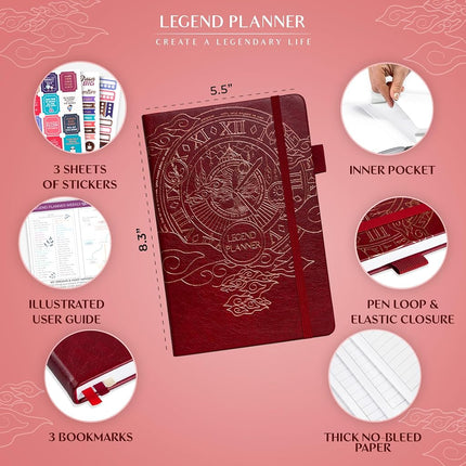 Legend Planner – Deluxe Weekly & Monthly Life Planner to Hit Your Goals & Live Happier. Organizer Notebook & Productivity Journal. A5 Hardcover, Undated – Start Any Time + Stickers – Wine Red Gold