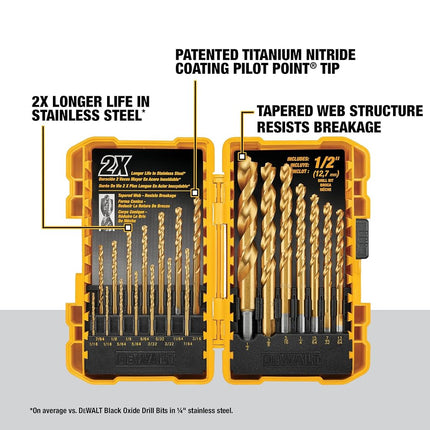 DEWALT (DW1361) Titanium Nitride Coated Drill Bit Set Pilot Tip 21 Piece