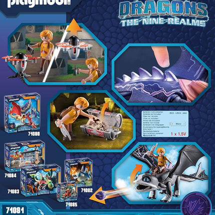 PLAYMOBIL DreamWorks Dragons 71081 Dragons: The Nine Realms - Thunder & Tom, Dragon Figure with Shooting Function and Light Effects, Toy for 4+ Year Olds
