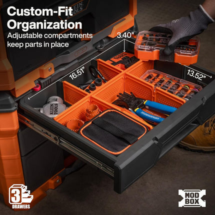 Klein Tools 54890MB MODbox Three Drawer Rolling Toolbox, Tool Storage, Ball Bearing Drawer Slides, Dividers Included