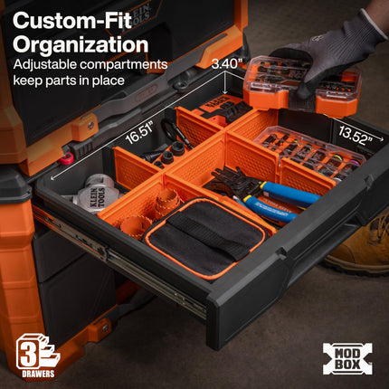 Klein Tools 54890MB MODbox Three Drawer Rolling Toolbox, Tool Storage, Ball Bearing Drawer Slides, Dividers Included