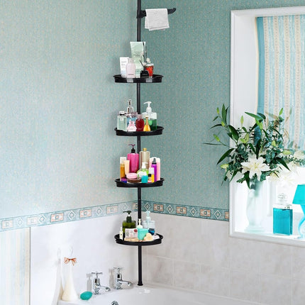 Takywep Étagère d'angle de douche à tension, Organisateur de rangement de salle de bain antirouille avec 4 étagères réglables, Étagère d'angle de douche avec patin en caoutchouc, Hauteur 101,6 cm - 122 cm, Noir