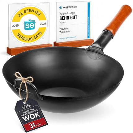 YOSUKATA 34 cm Pre-Seasoned Flat Bottom Black Carbon Steel Wok for Stir Fry