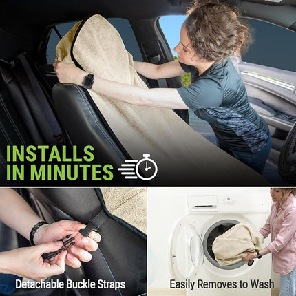 Season Guard Terry Cloth Sweat Towel Seat Cover; Carseat Towel Protector; Great for Gym Workout; Waterproof; Universal Fit for Car SUV Van Truck; EZ fit; Non Slip Grip; Machine Washable; 2pc Tan
