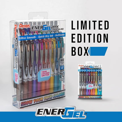 Pentel EnerGel RTX True Colors United (0.7mm) Medium Line, Assorted Ink, 20 Pack Box
