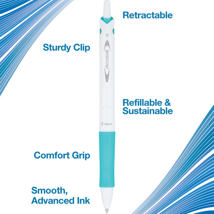 Pilot Acroball PureWhite Advanced Ink Refillable & Retractable Ball Point Pens with Turquoise/Orange/Purple/Lime/Blue Accents, Fine Point, Black Ink, 5-Pack (31861)