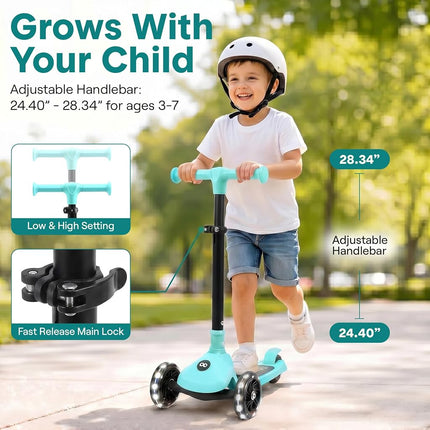SereneLife Kids Scooter for Ages 3–7 – 3 Wheel Kick Scooter with Seat Option, Light-Up LED Wheels, Lean-to-Steer, Foldable, Adjustable Height, 50 kg Capacity
