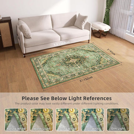 Green Area Rug 3x5 Washable Rug Non-Slip Area Rugs for Bedroom Living Room Kitchen, Printed Low-Pile Ultra-Soft Cute Dorm Rug Room Decor for Teen Girls(Border Green)