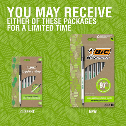 Bolígrafos BIC® Revolution Round Stic, punta mediana, 1.0 mm, 74% reciclados, cuerpo semitransparente, tinta negra, paquete de 10 bolígrafos
