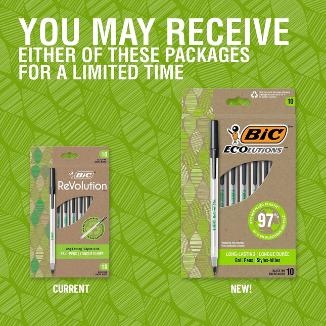 Stylos-bille BIC® Revolution Round Stic, pointe moyenne, 1,0 mm, 74 % de matériaux recyclés, corps semi-transparent, encre noire, paquet de 10 stylos