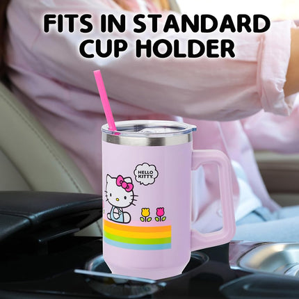 Vaso de acero inoxidable de doble pared Silver Buffalo Sanrio Hello Kitty, diseño de flores de primavera y verano con rayas arcoíris, con asa y popote, cabe en portavasos estándar, 40 onzas